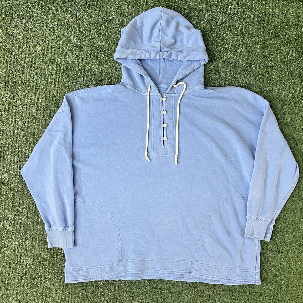 Aerie Women's M Oversized Blue Henley Button Neck Pullover Hoodie Terry